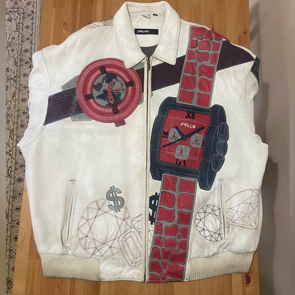 Vinatge And Rare 90’s Leather Pelle Pelle/Marc Buchanan “Time Is Money” Jacket.